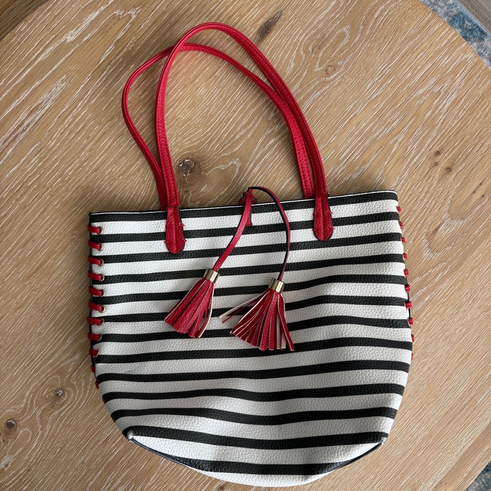 Striped Black & White Tote with Red Trim faux leather
